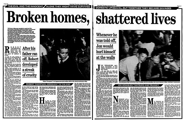 James was murdered after being grabbed from a shopping centre by Venables and Thompson before they dragged him two miles to a rail line where they tortured and beat him to death. Pictured: The Daily Mail revealed the full backgrounds of the young killers in November 1993