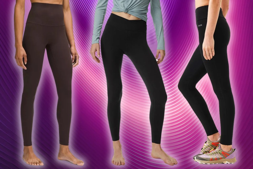 Collage of three women modeling different black leggings.