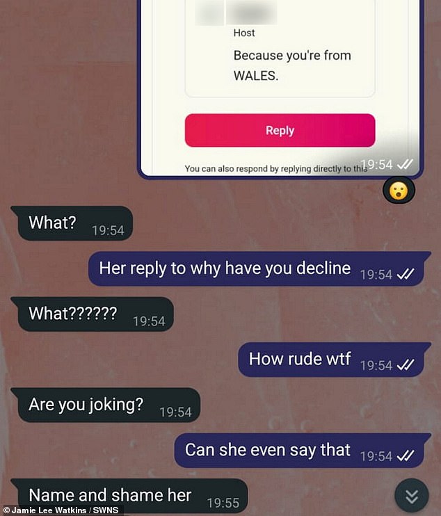 Pictured is the booking cancellation received by Ms Gough and Ms Watkins with the offending message followed by texts to each other in which they expressed their shock