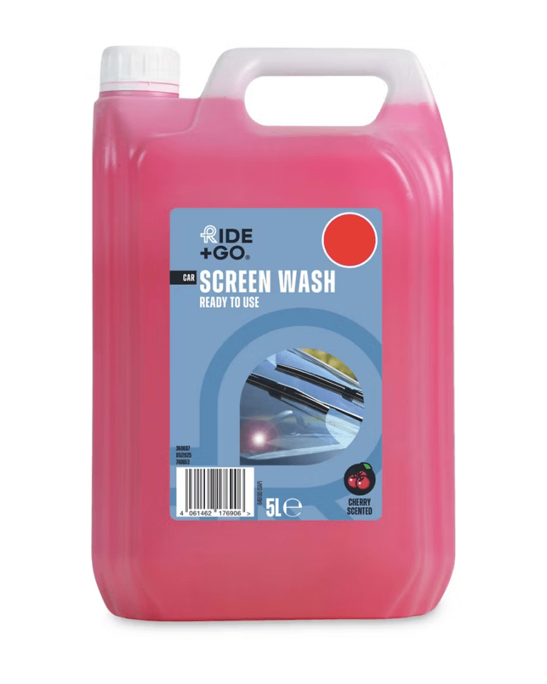 Five-liter jug of Ride + Go cherry-scented car screen wash.