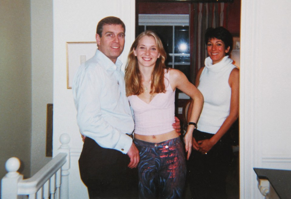 Photo of Prince Andrew, Virginia Roberts, and Ghislaine Maxwell.