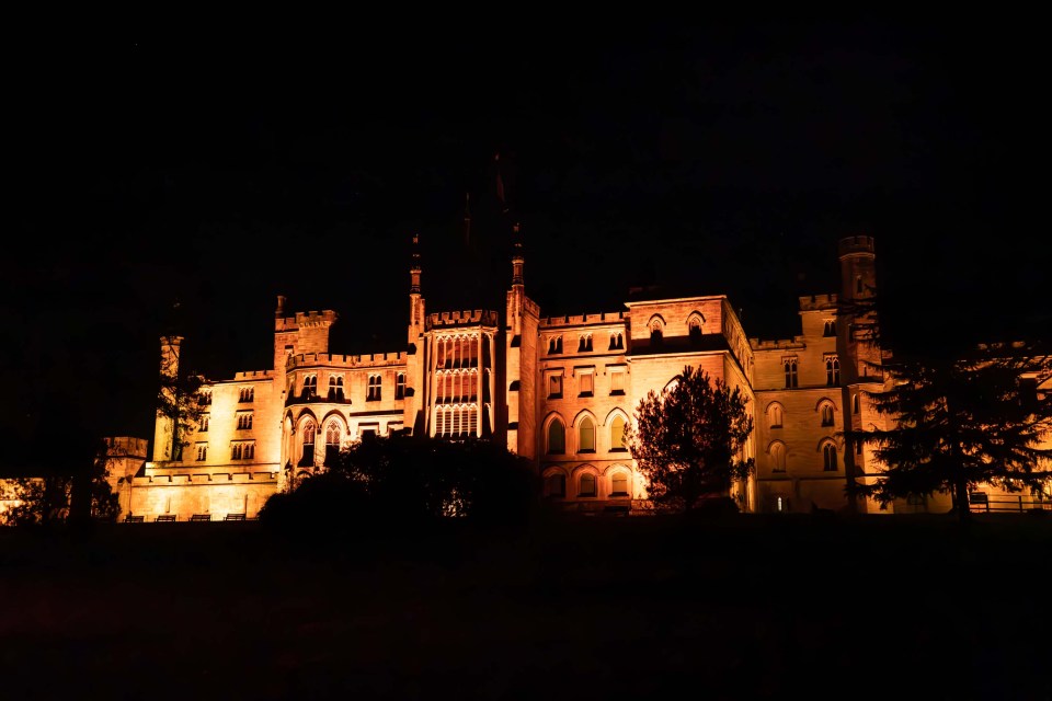 Castle lit up at night.