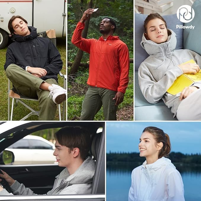 Collage of people wearing a travel pillow jacket in various settings.