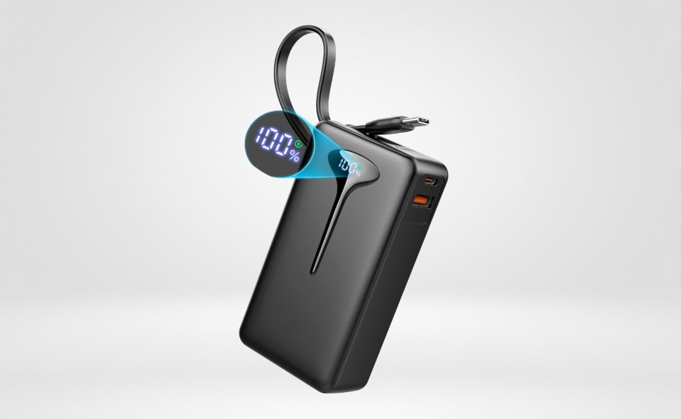 Black power bank with a digital display showing 100% charge.
