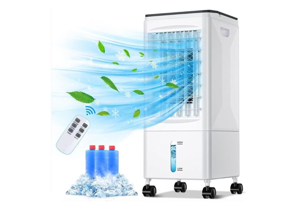 Portable evaporative cooler with remote control and ice packs.
