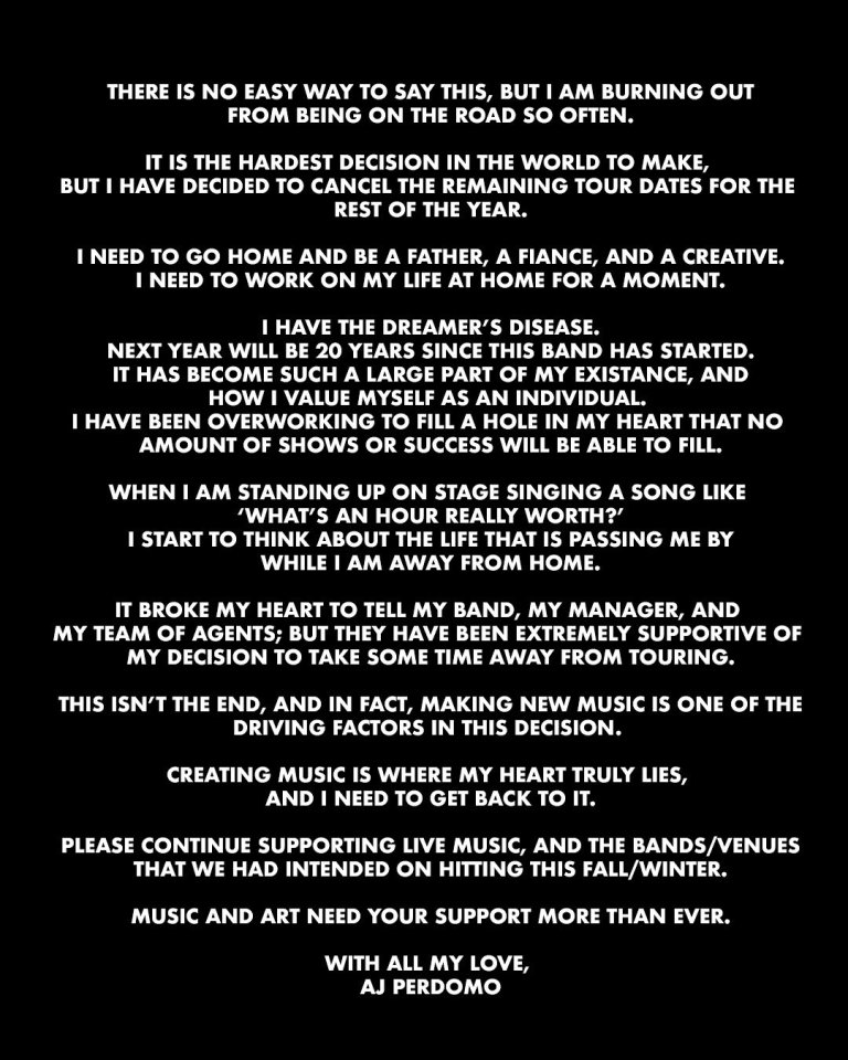 American rock band's frontman announces cancellation of remaining tour dates to focus on family and creating music.