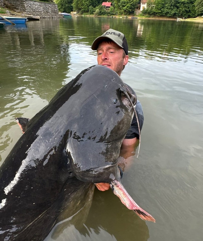 Man holding a 2.68-meter-long catfish.