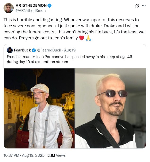 American internet personality and online streamer Adin Ross, who boasts 6.7million followers on Instagram, announced on X on Tuesday that he and Drake will be paying for the funeral