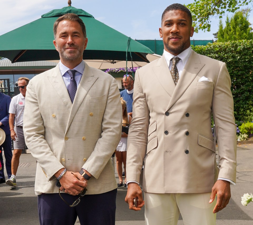 Anthony Joshua and Eddie Hearn at Wimbledon.