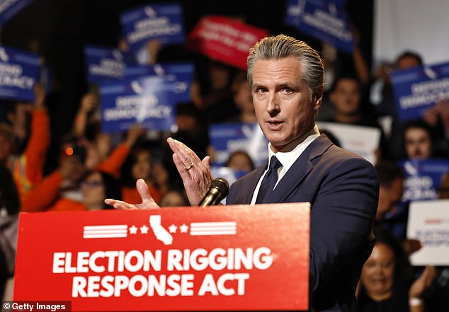 Newsom - a vocal adversary of Donald Trump - introduced his 'Election Rigging Response Act' to Golden State voters at a campaign style event earlier this week