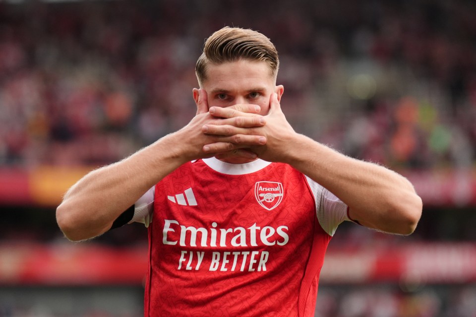 Viktor Gyokeres of Arsenal celebrates a goal.