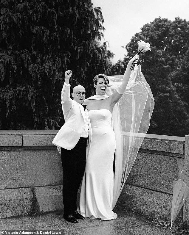 Sophie, who has been 5ft 10in since she was 11 years old, and Josh, who is 5ft 3in, on their wedding day last August