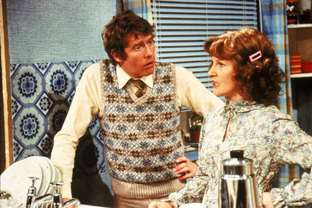 BBC sitcom Some Mothers Do Ave Em have been slapped with trigger warning for 'discriminatory language' in another woke crackdown (Michael Crawford and Michelle Dotrice are pictured)