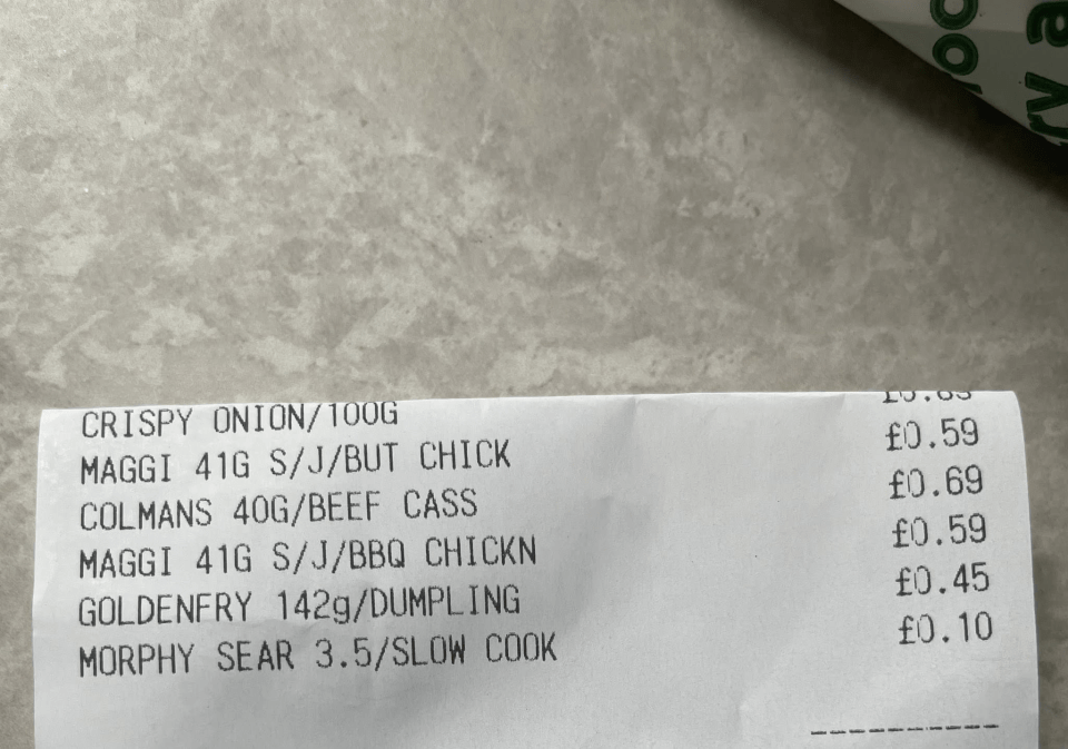 Grocery receipt showing itemized costs.