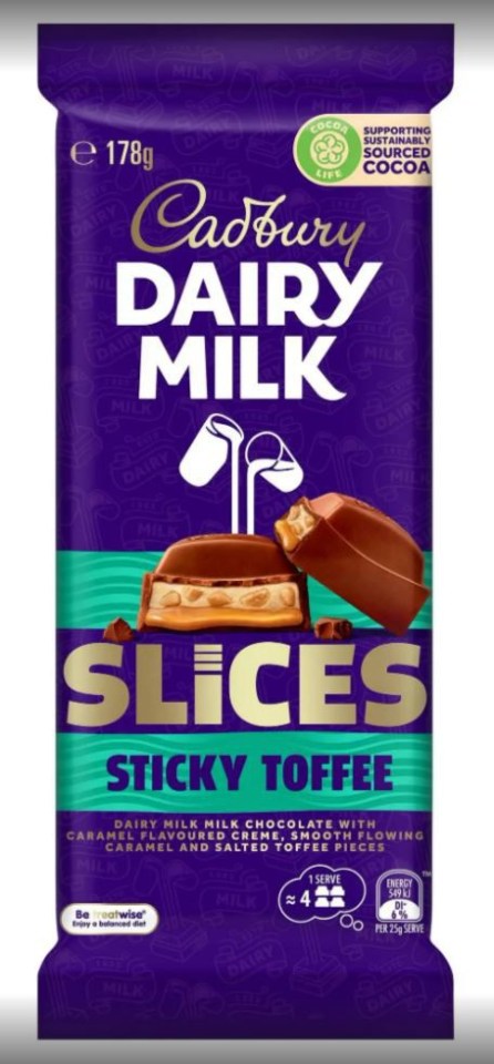 Cadbury Dairy Milk Slices Sticky Toffee chocolate bar wrapper.
