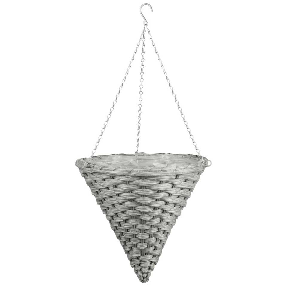 Gray hanging basket with metal chain.