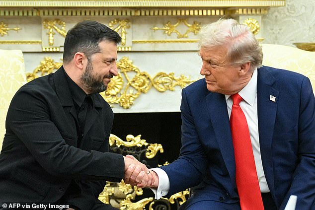 President Donald Trump and Ukrainian president Volodymyr Zelensky shake hands in the Oval Office
