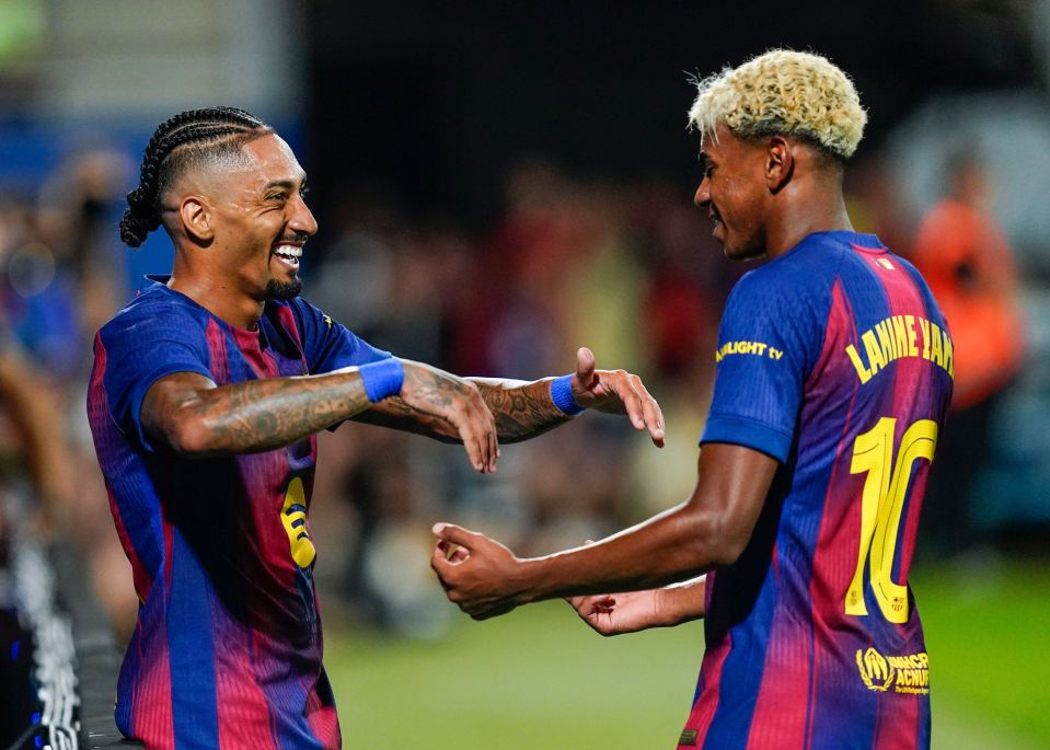 Raphinha and Lamine Yamal of FC Barcelona celebrating a goal.