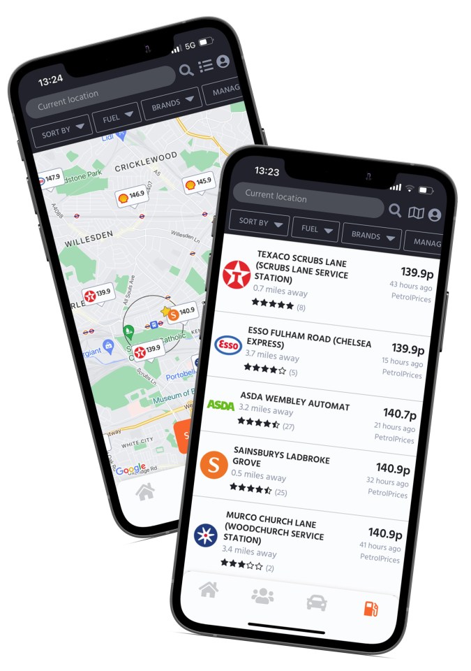 Smartphone screen showing a fuel price comparison app.