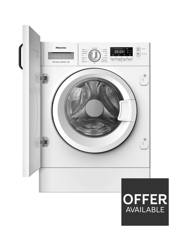 Hisense 7kg Inverter Steam washing machine with open door; offer available.