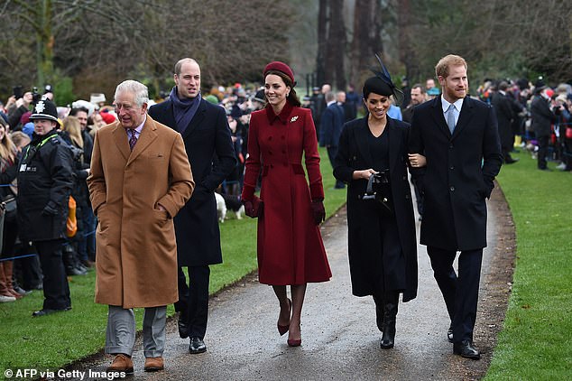 The Prince and Princess of Wales and the Duke and Duchess of Sussex and King Charles are pictured on Christmas Day in Sandringham in 2018 - no members of the Royal Family publicly wished Meghan a happy birthday this year