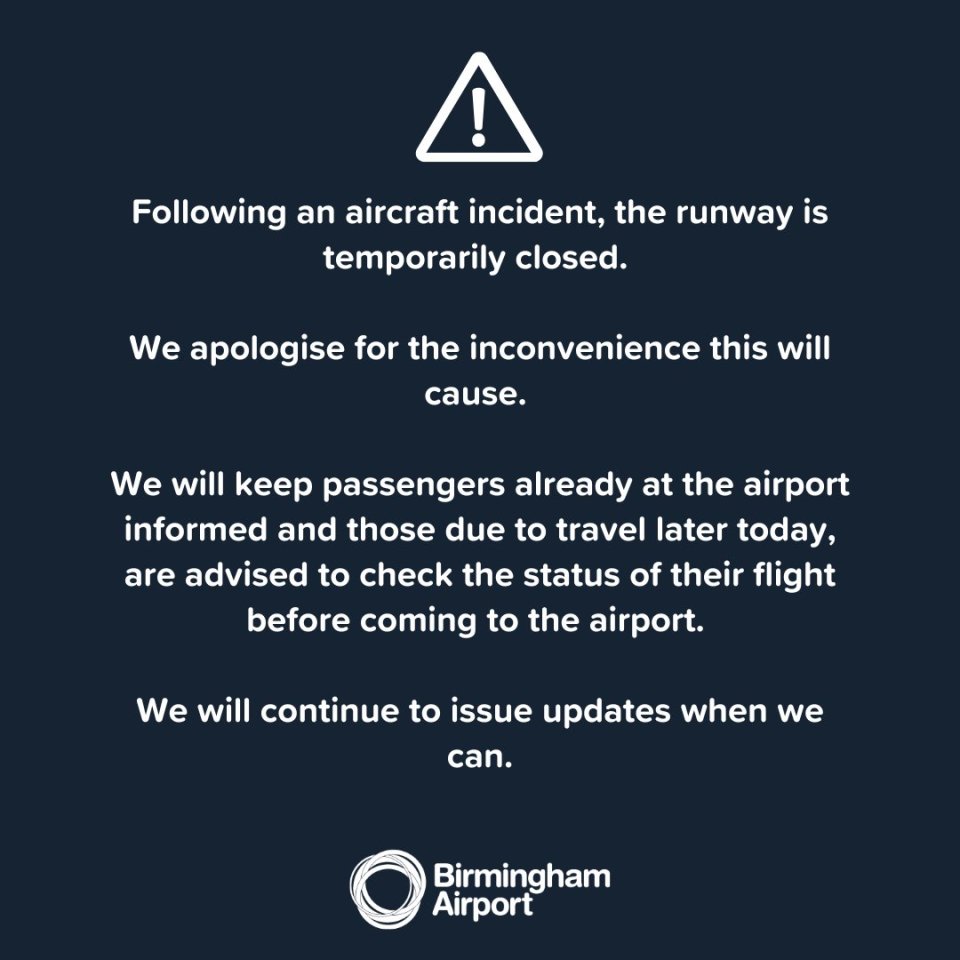Runway temporarily closed due to aircraft incident; check flight status before arriving at Birmingham Airport.