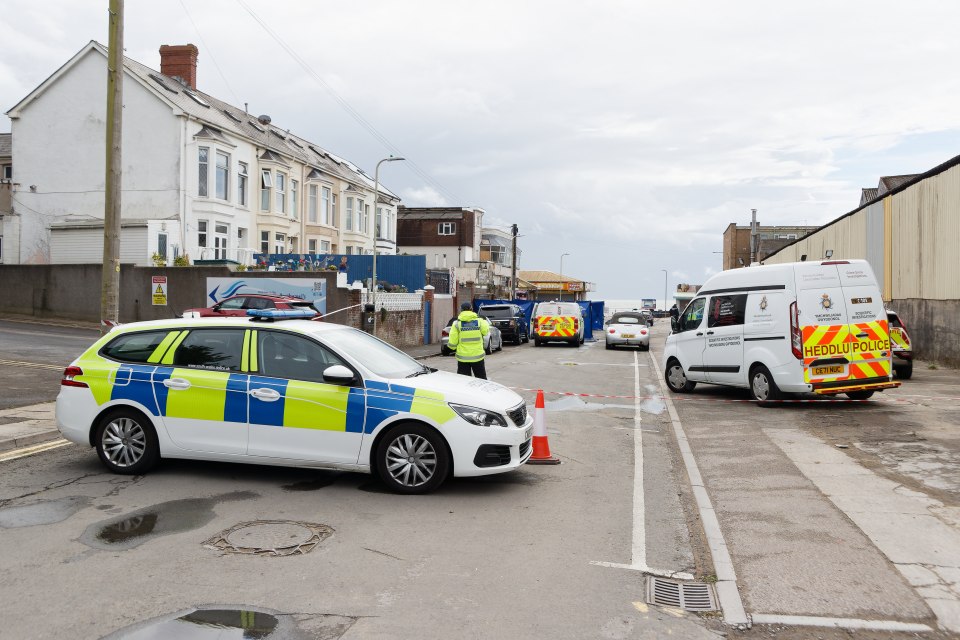 Police at the scene of a fire where a body was found in a car.