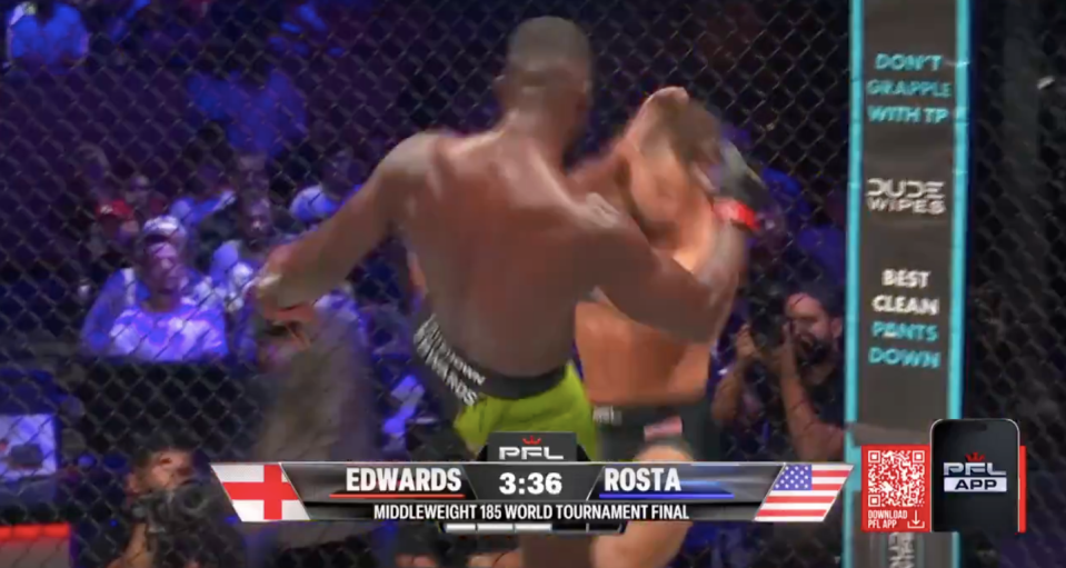 Screenshot of a mixed martial arts fight between Edwards and Rosta.