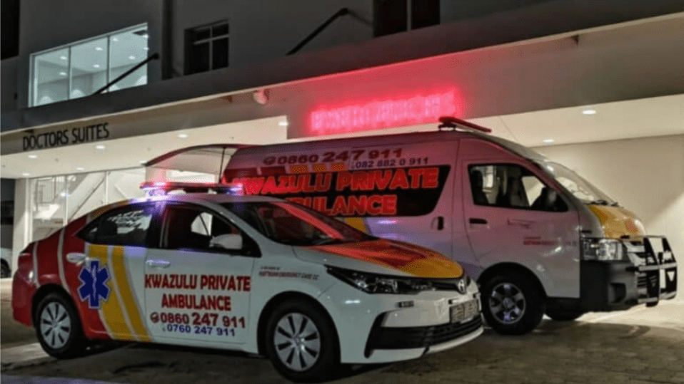 Two KwaZulu Private Ambulance vehicles parked outside Doctors Suites.