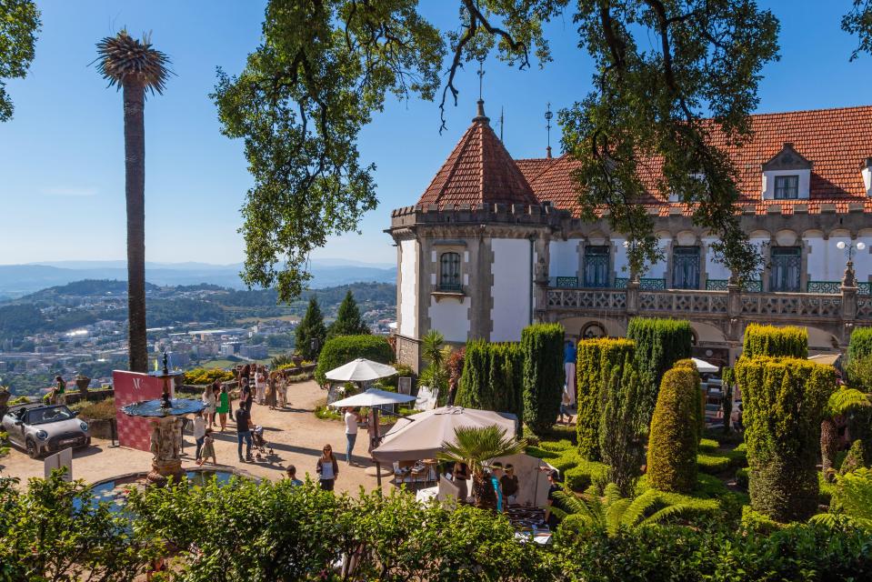 Castelo do Bom Jesus do Monte in Braga, Portugal, with market stalls in the gardens.