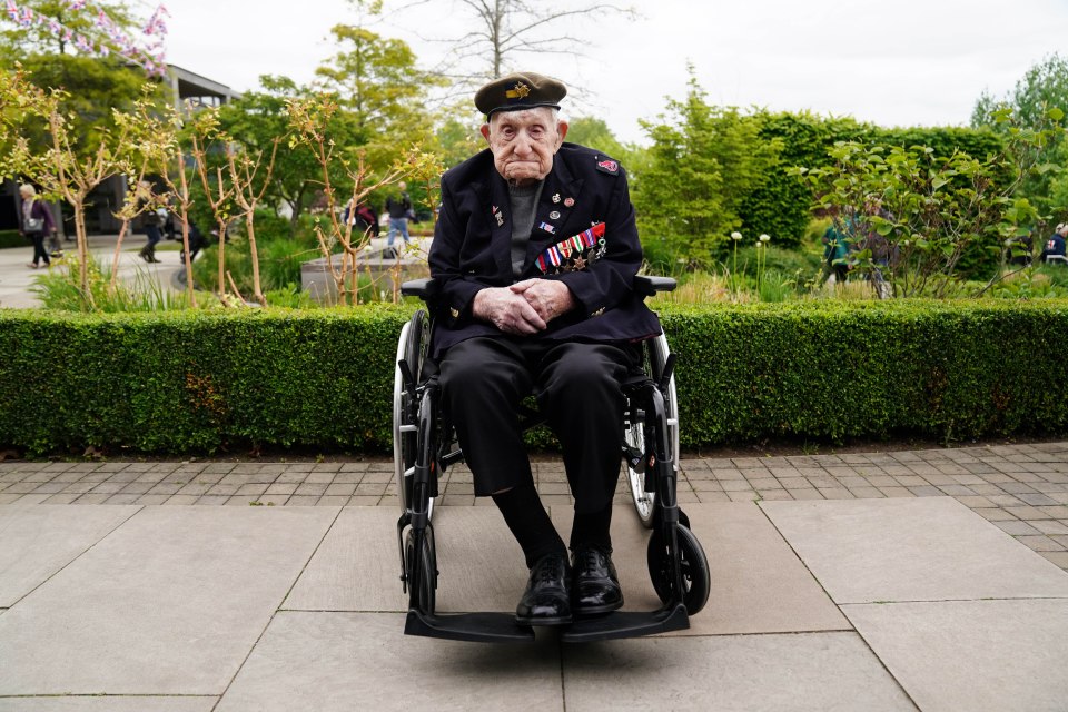WWII veteran Donald Rose, 110, in a wheelchair at the National Memorial Arboretum.