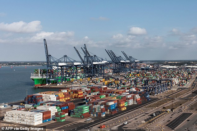 An aerial photograph taken on August 22, 2022 shows the Ever Alot container ship docked by stopped container loading cranes at the empty UK's largest freight port, in Felixstowe