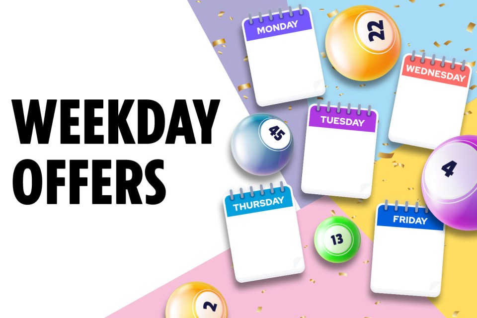 Illustration of weekday offers; bingo balls and daily tear-off calendars.