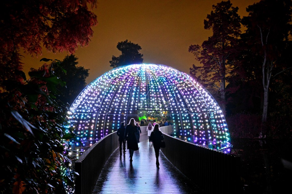 People walking on a bridge under a large illuminated geodesic dome at night.