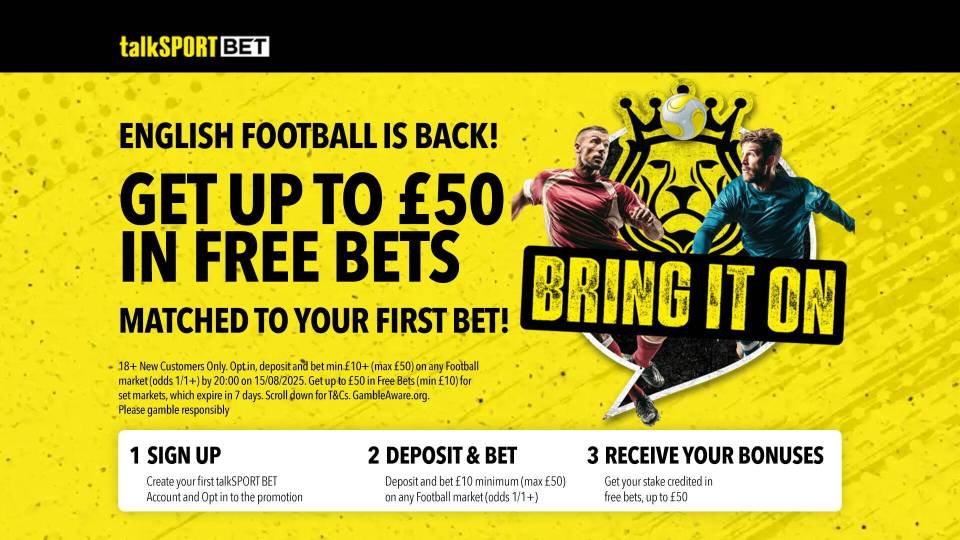 TalkSport Bet advertisement: Get up to £50 in free bets matched to your first bet.
