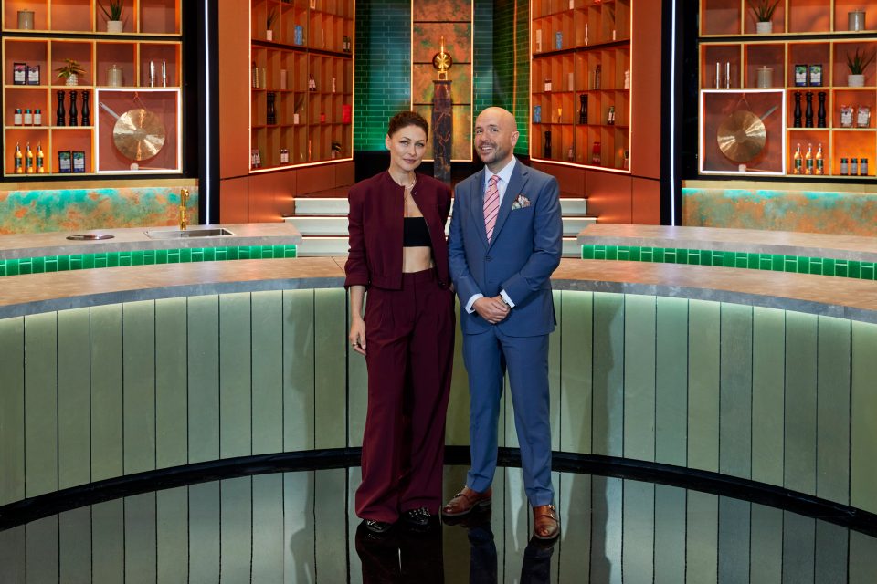 Emma Willis and Tom Allen on the set of Cooking With The Stars.