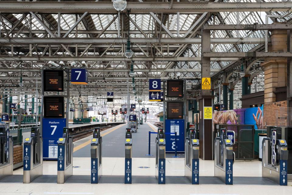 Empty Glasgow Central Station platform during a Scotrail strike.