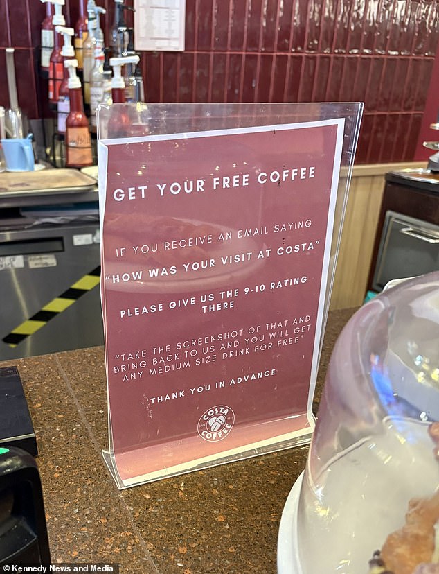 A sign was propped up which offered 'any medium size drink for free' if customers showed proof that they had given the store a rating of nine or ten in a feedback email