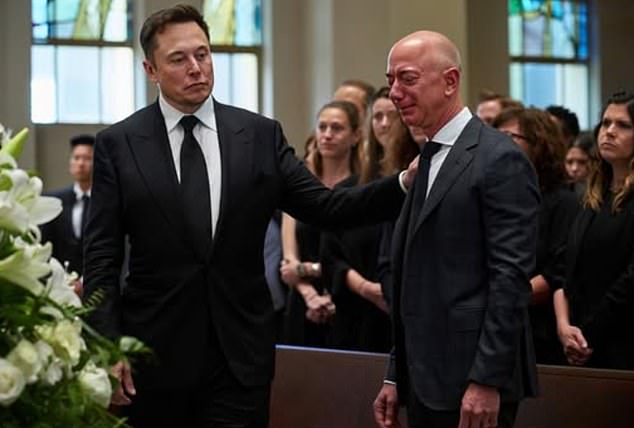 FAKE: There was no information released on funeral attendees, however AI generated images had Elon Musk comforting Bezos – before the ceremony even took place