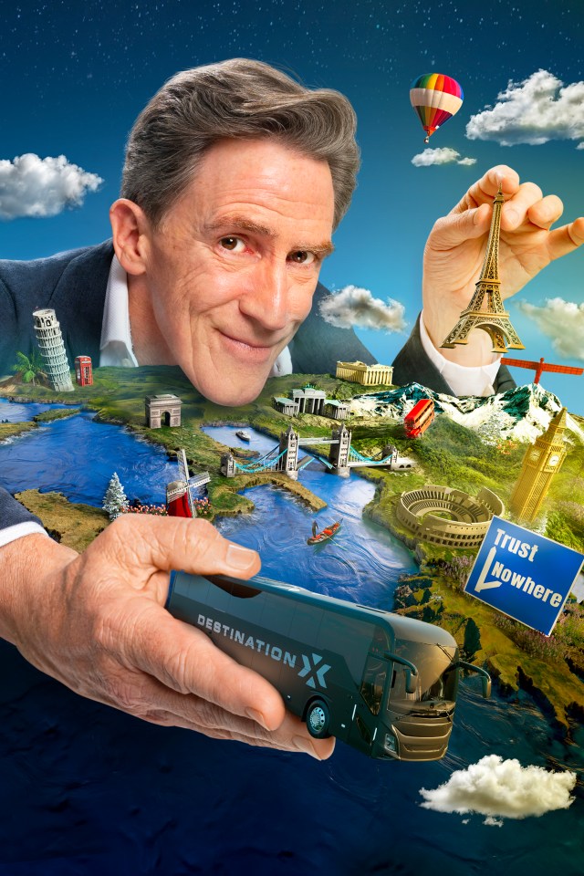 Illustration of a man holding miniature landmarks and a Destination X bus above a miniature world map.
