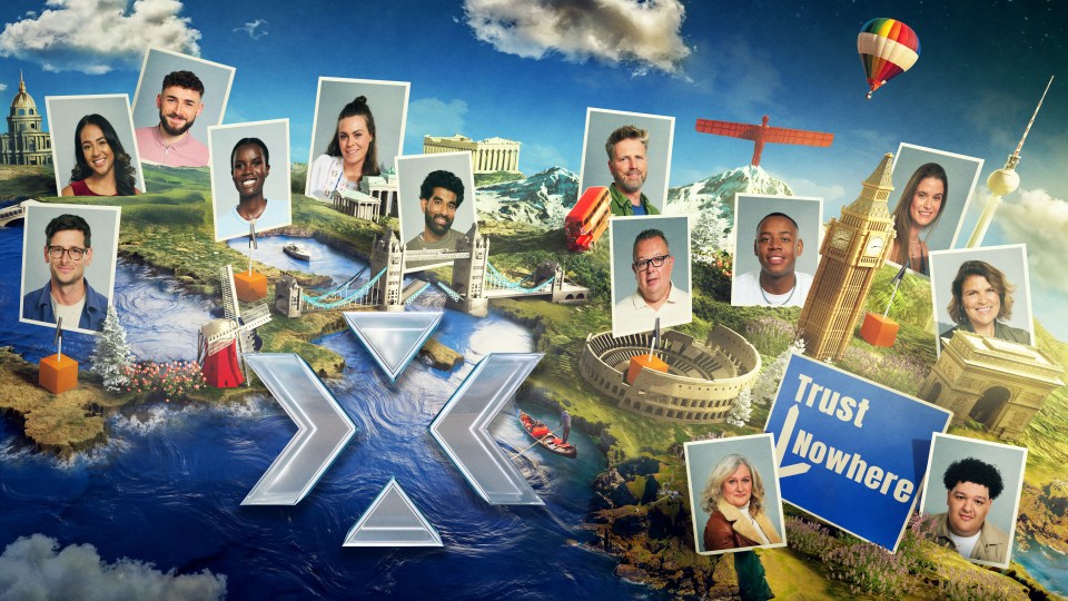 Illustration of Trust No One contestants and landmarks.