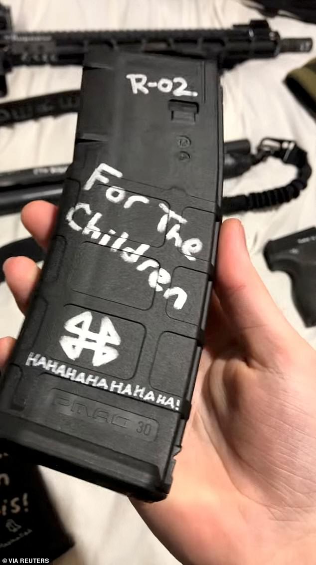 Westman showed off a rifle magazine labeled 'For the children, hahahahahahaha' in a video posted to YouTube