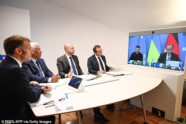 French President Emmanuel Macron (left) speaks by video conference with Ukrainian President Volodymyr Zelensky (left, onscreen) and German Chancellor Friedrich Merz (right) on Wednesday. The leaders also had a joint call with President Donald Trump