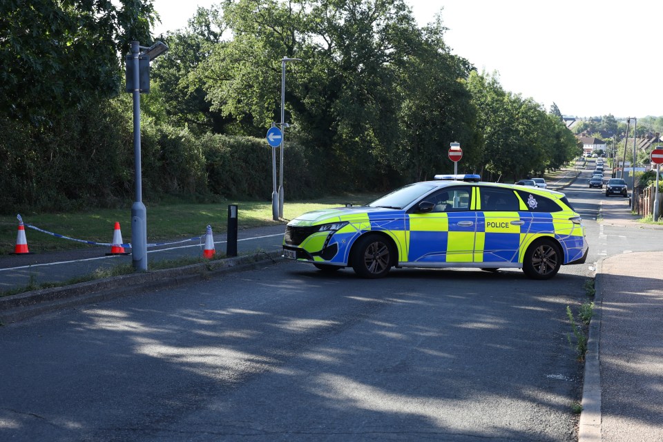 Police car at a cordoned-off property.