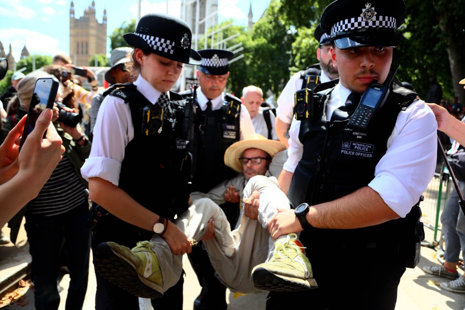 Police officers detain a protester at a demonstration in London.