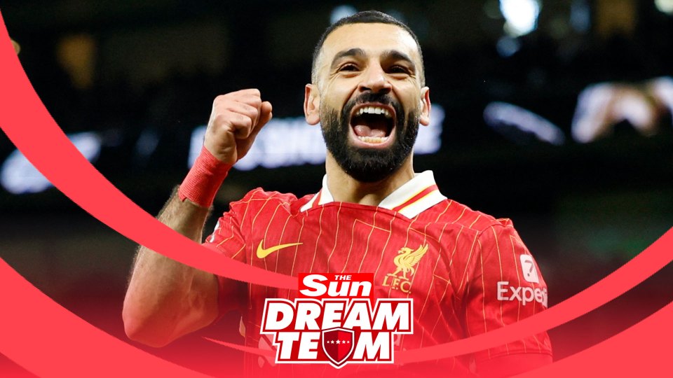 Mohamed Salah celebrating in a Liverpool jersey, featured in The Sun's Dream Team.