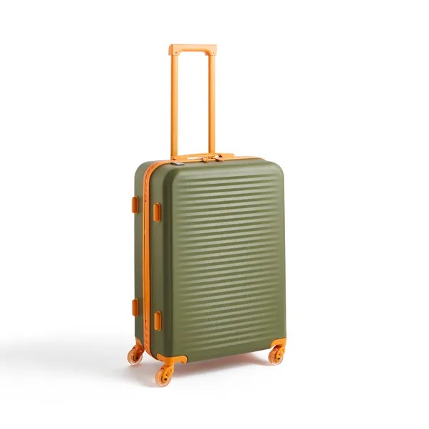 Olive green hard shell suitcase with orange handle and wheels.