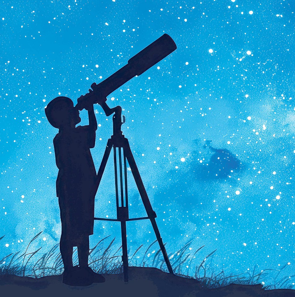 Illustration of a child using a telescope to look at the stars.