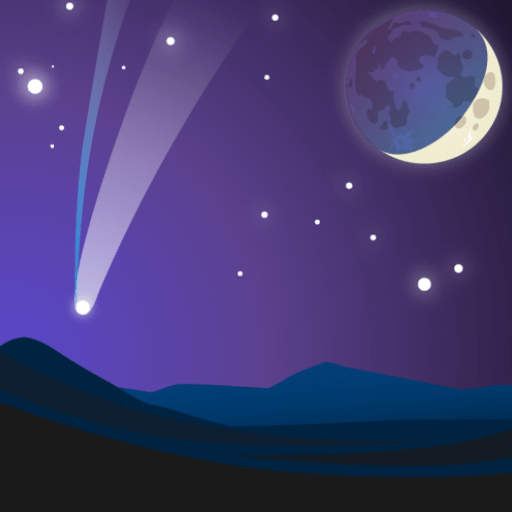 Illustration of a comet streaking across the night sky over a mountain range, with a crescent moon and stars visible.
