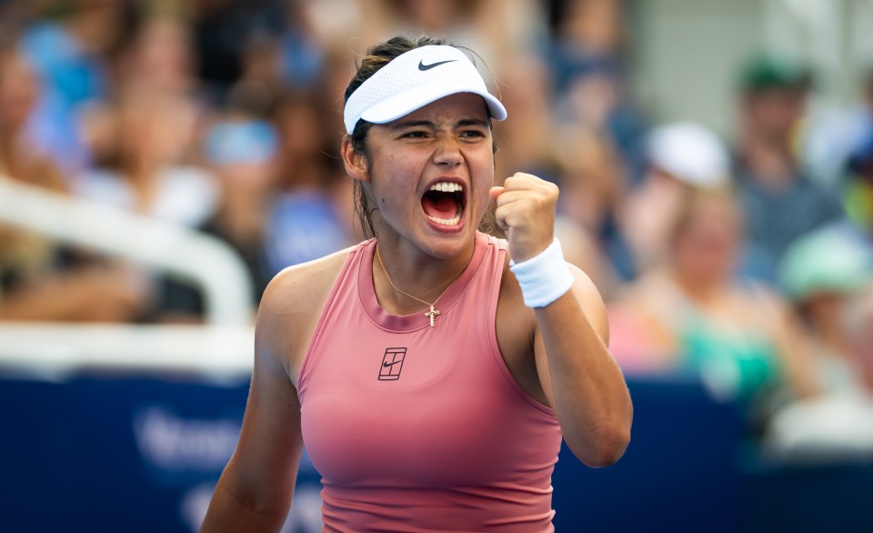 Emma Raducanu of Great Britain celebrating during a tennis match.